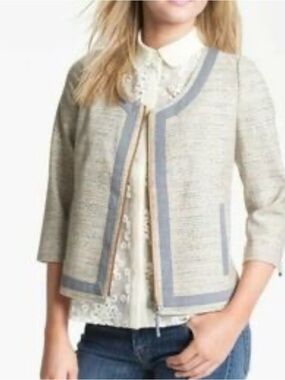 Hinge Tweed S Full Zip Jacket in Beige, Light Blue and Teal with salmon accents